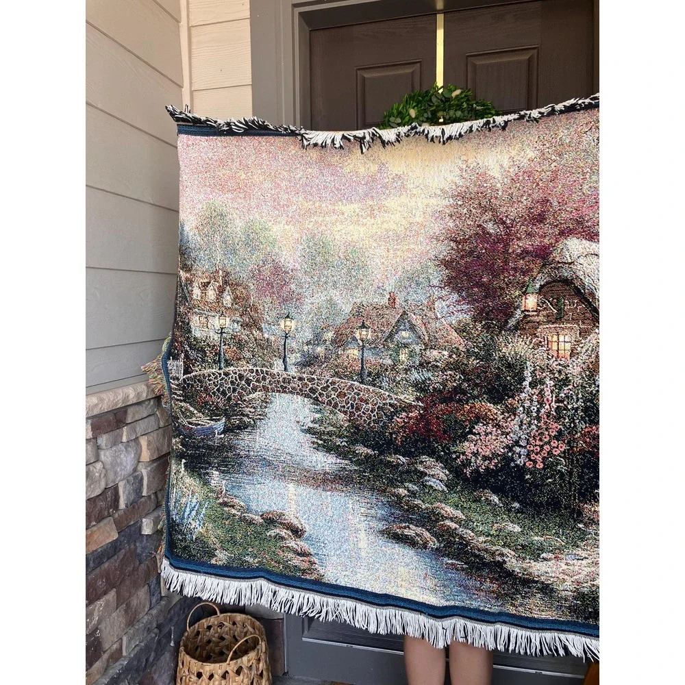 Vintage Thomas Kinkade Painter of Light Woven Tapestry Throw Blanket Cottage